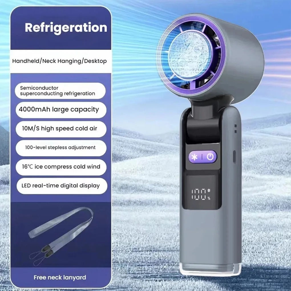 Portable Ice Cooling Fan – Rechargeable High-Speed Handheld Mini Fan | Folding Neck Fan | Super Cool Air for Outdoor & Travel