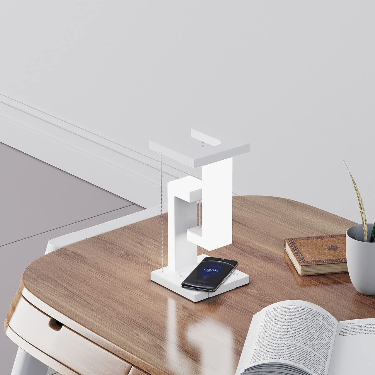 Creative Floating Balance Lamp with Wireless Phone Charging – Modern Suspension Table Lamp for Home & Bedroom Décor"