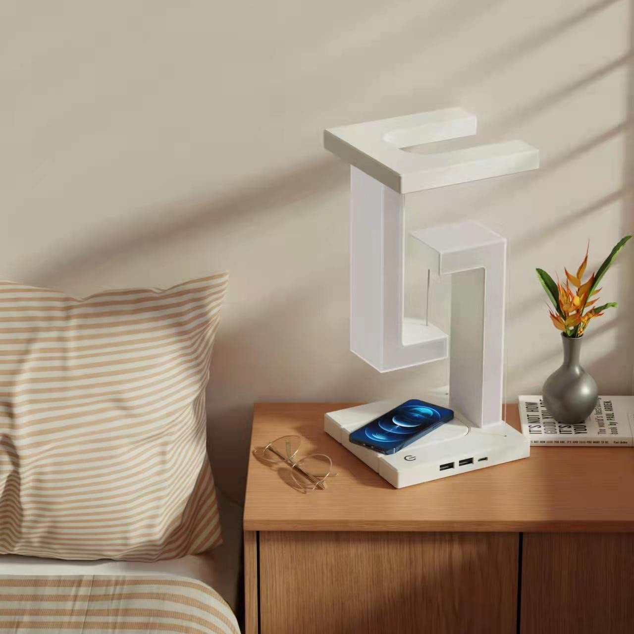 Creative Floating Balance Lamp with Wireless Phone Charging – Modern Suspension Table Lamp for Home & Bedroom Décor"