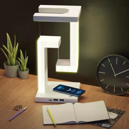 Creative Floating Balance Lamp with Wireless Phone Charging – Modern Suspension Table Lamp for Home & Bedroom Décor"