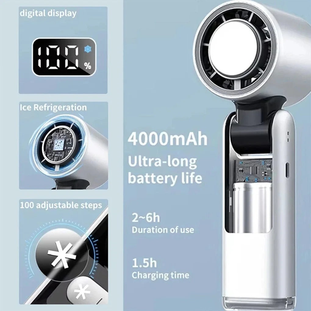 Portable Ice Cooling Fan – Rechargeable High-Speed Handheld Mini Fan | Folding Neck Fan | Super Cool Air for Outdoor & Travel
